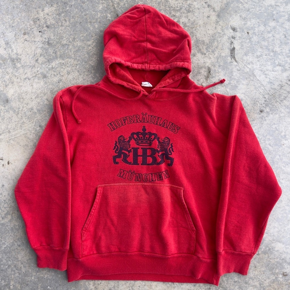 Hofbräuhaus München Hoodie Mens S Red Vintage Graphic Beer Munich Pullover 80s